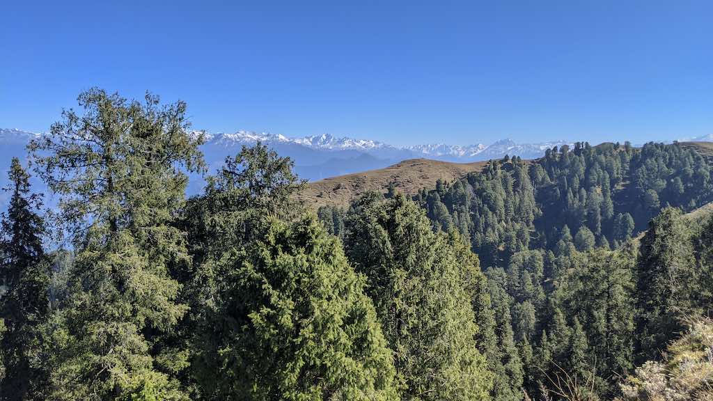 A view of the Dhauladhar ranges from Dainkund located on the Pir Panjal range